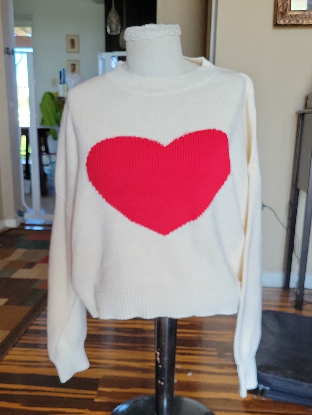 Cream Crewneck Sweater with Red Heart
